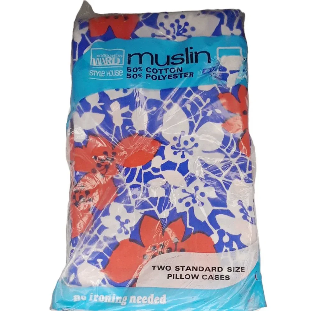 Montgomery Ward Muslin Floral Pillowcases Red White Blue Tropical Vintag…